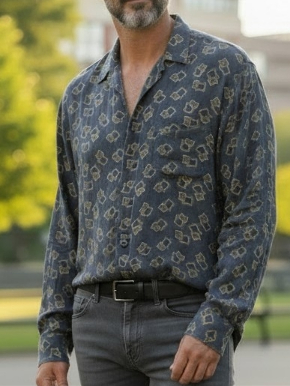 100% silk Large geometric print button-up Luxury Casual Dress Shirt